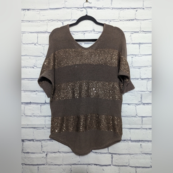 Express Sweater Brown V Neck Front and Back with Sequins Women's Size Medium - Picture 2 of 6